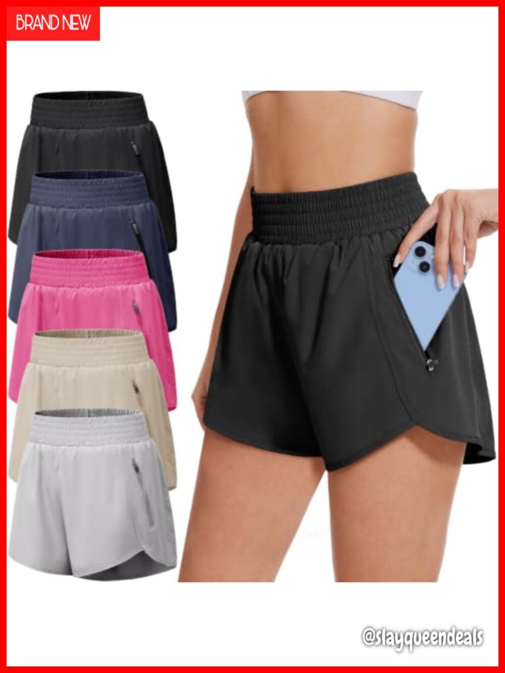 Women's Athletic Workout Running Shorts High Waist Zip Pockets 5 Pack